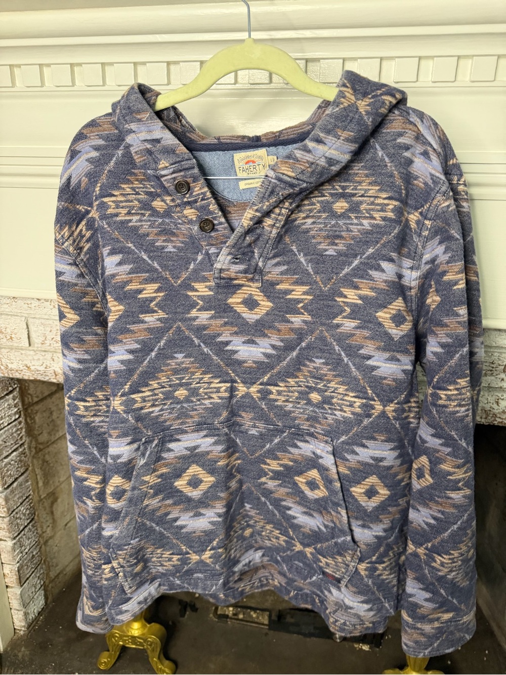 Faherty Hooded Pullover Sweater - Blue & Tan Geometric Aztec western print